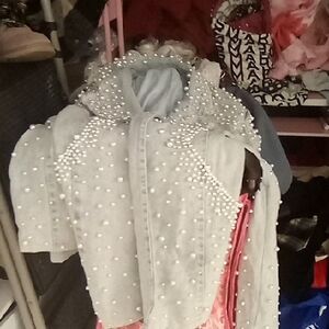 AKIRA Pearl Embellished Light Gray Jean Jacket